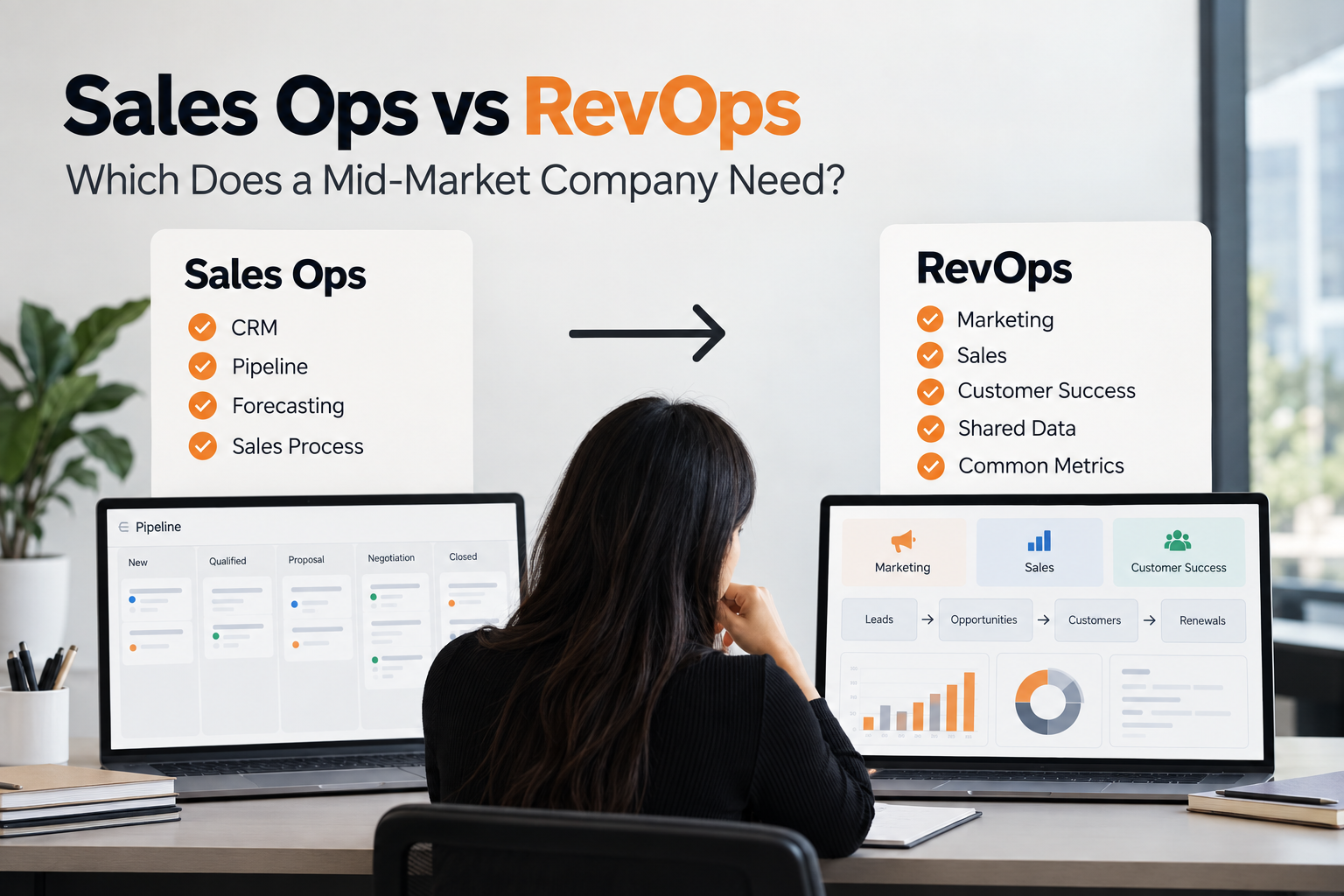 Comparison graphic showing Sales Ops and RevOps responsibilities